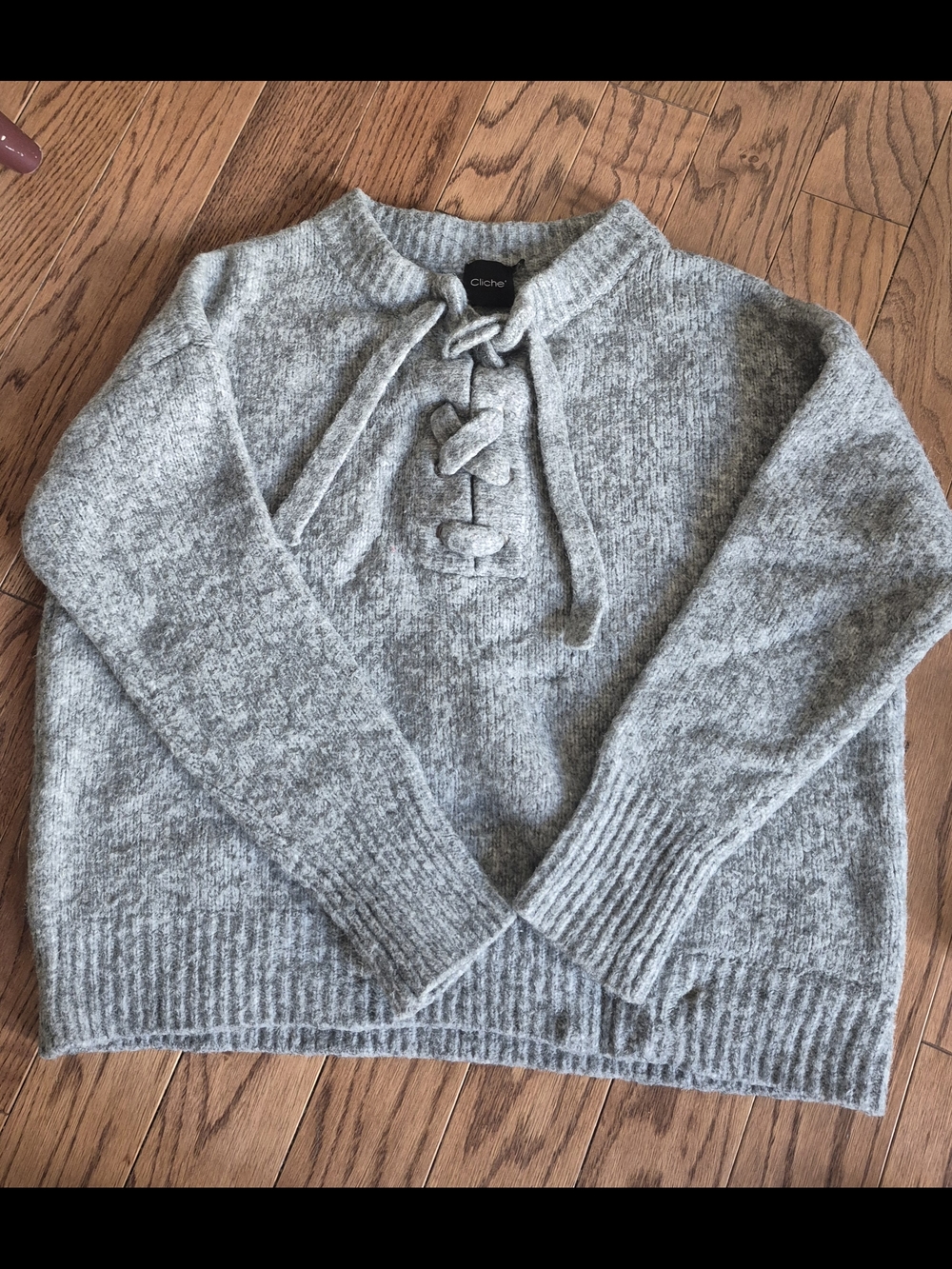 Cliche Gray Lace-Up Knit Sweater
